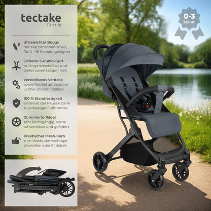 tectake® Buggy Kinderwagen von 0 bis 3 Jahre, Wagen für Baby Erstausstattung Neugeborene und Kinderbuggy, einhändig faltbarer Reisebuggy, Reisekinderwagen, Baby Wagen mit Verdeck - grau/beige - Meloni2