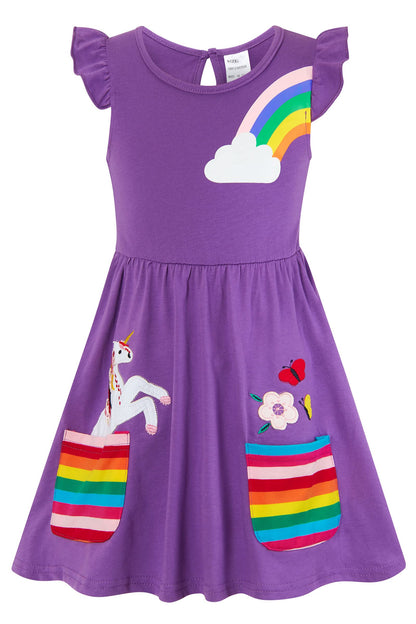 SFreeBo Girls Dresses Unicorn Rainbow Dress Kids Girls Gift Cotton Colourful Dresses for Girls 104 110 116 122 128