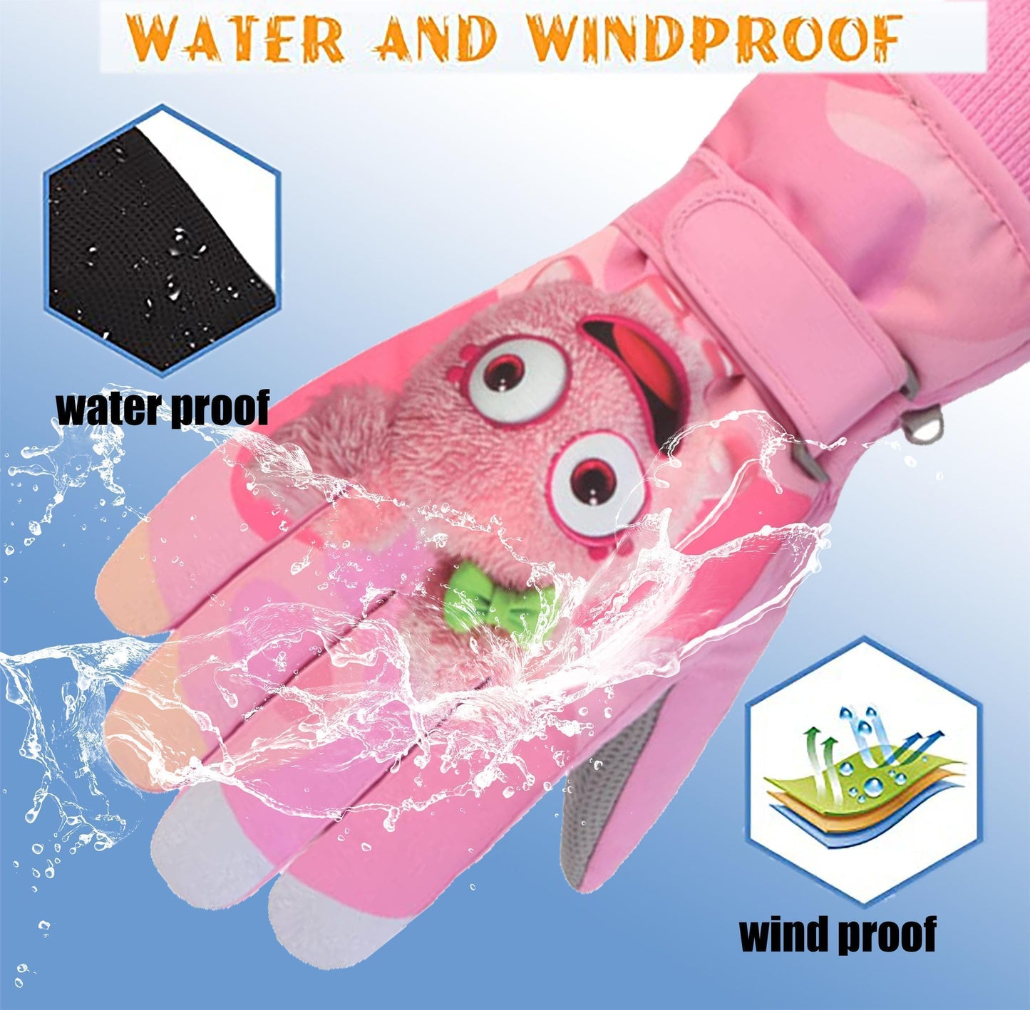 FAYHIJUN Children's Winter Snow Gloves Ski Gloves for 1-13 Years Girls Boys PU Palm Waterproof Windproof Warm Fleece Winter Gloves Cycling Gloves