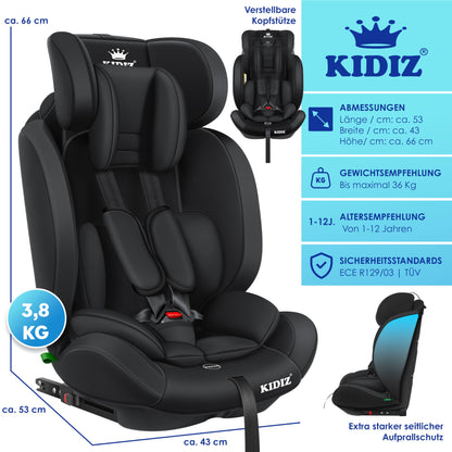 KIDIZ® Autokindersitz Kinderautositz Gruppe 1+2+3 9-36 kg 5-Punkt-Sicherheitsgurt, Autositz, Kindersitz, Einstellbare Kopfstütze, Mitwachsende Sitzerhöhung 1-12 Jahre, Stabil und Sicher