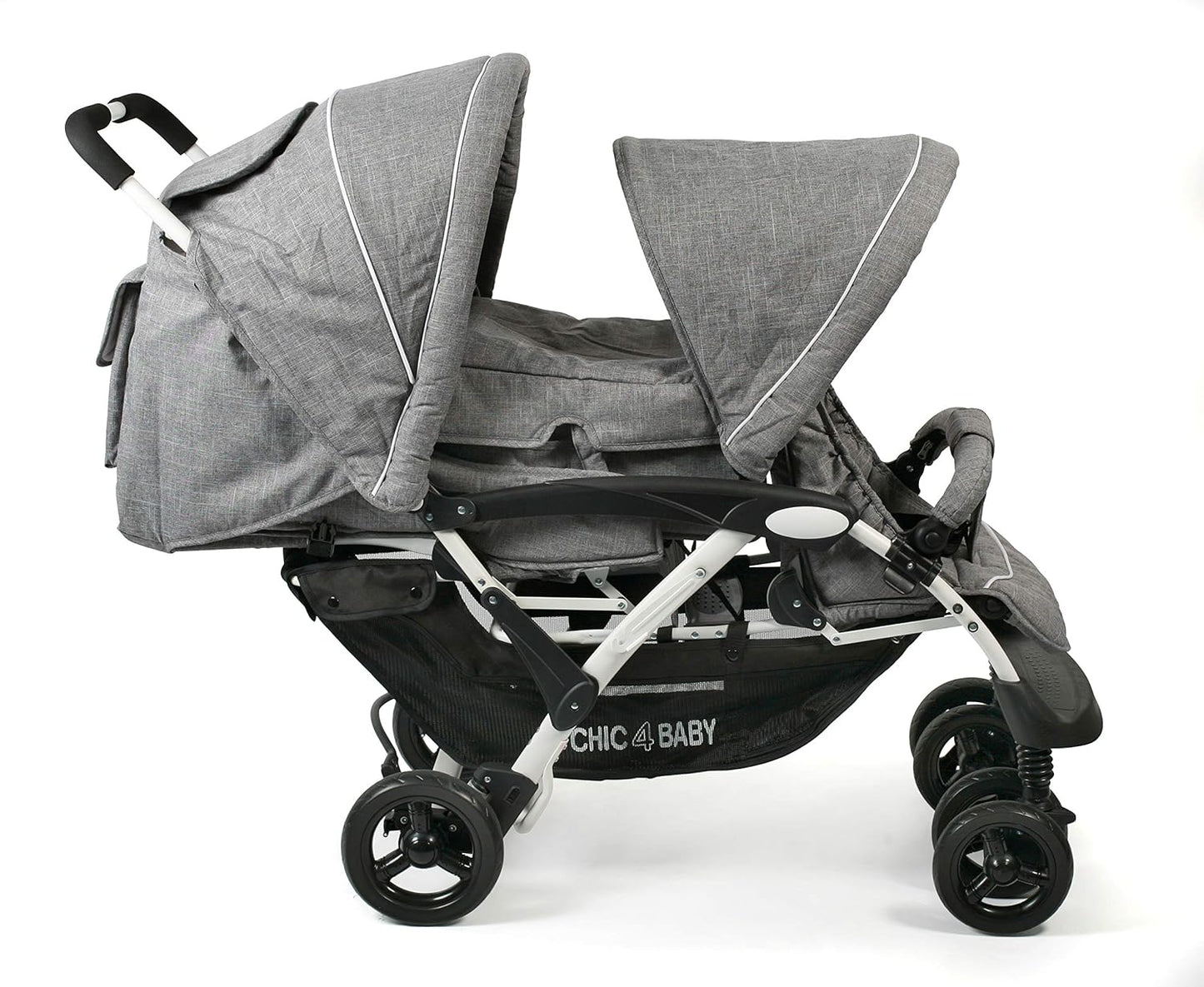 CHIC 4 BABY - Geschwisterwagen DUO mit Tragetasche und Regenschutz, Geschwisterkinderwagen für zwei Kinder, Zwillingswagen, Zwillingsbuggy, Tandemkinderwagen, Tandembuggy, Kinderwagen, Jeans grau