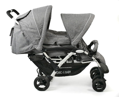 CHIC 4 BABY - Geschwisterwagen DUO mit Tragetasche und Regenschutz, Geschwisterkinderwagen für zwei Kinder, Zwillingswagen, Zwillingsbuggy, Tandemkinderwagen, Tandembuggy, Kinderwagen, Jeans grau