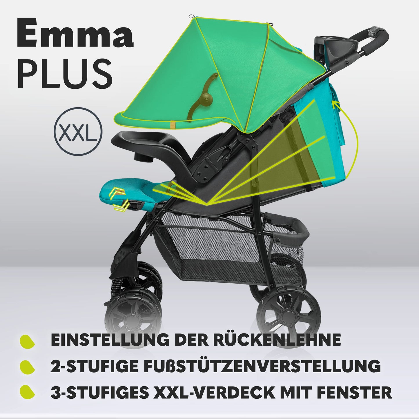 LIONELO Emma Plus Kinderwagen bis zu 15 kg, Kindersportwagen, leicht modern klein Buggy mit Liegeposition, zusammenklappbar, große Räder, großer Korb, Tasche Vivid Turkus