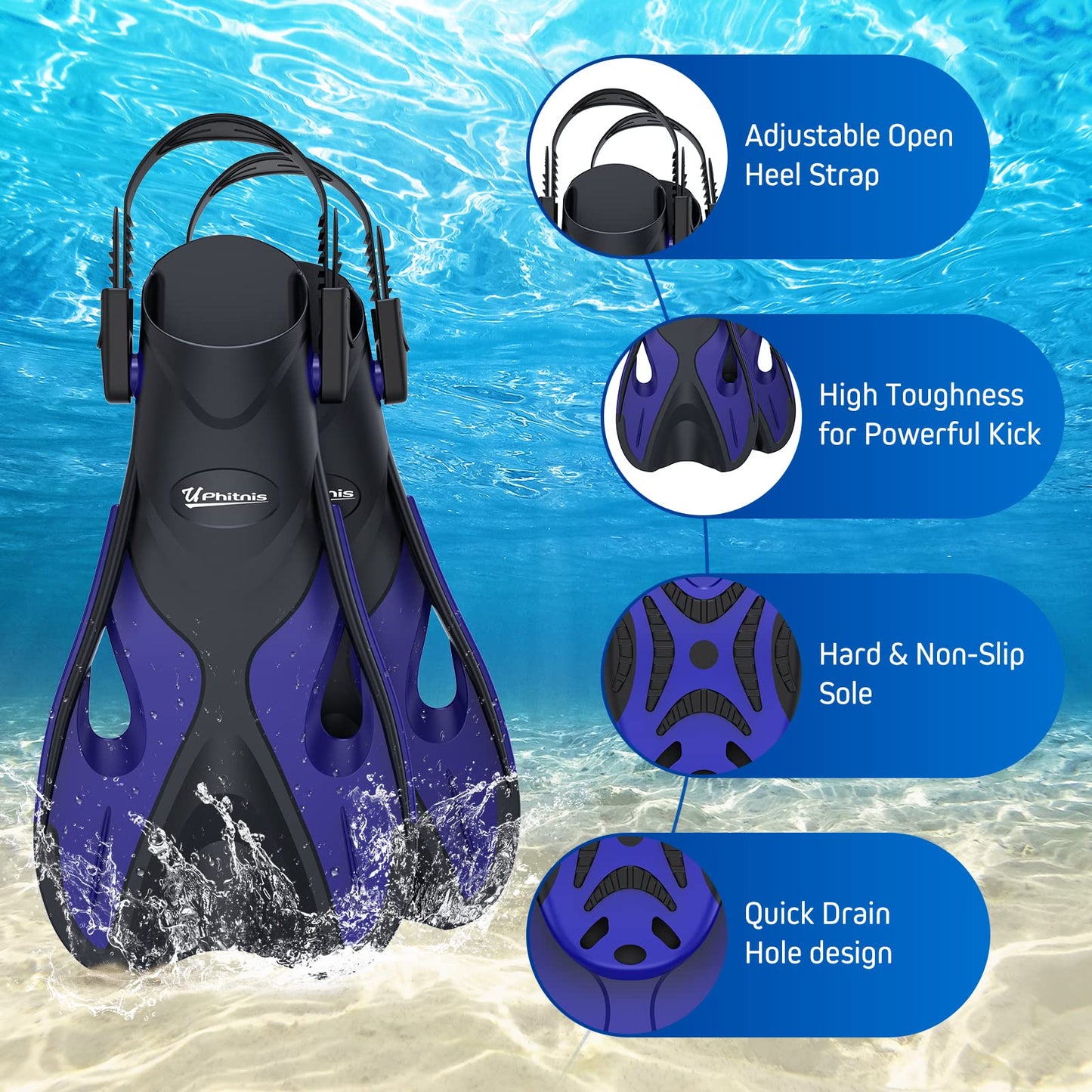 UPhitnis Kinderschnorchelset mit Flossen, Antibeschlag 180° Panorama Taucherbrille, verstellbare Schwimmflossen und Premium Dry Schnorchel, 3-in-1 Schnorchelset für Kinder mit Tragetasche