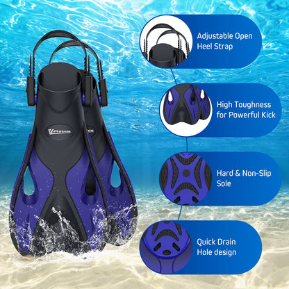 UPhitnis Kinderschnorchelset mit Flossen, Antibeschlag 180° Panorama Taucherbrille, verstellbare Schwimmflossen und Premium Dry Schnorchel, 3-in-1 Schnorchelset für Kinder mit Tragetasche