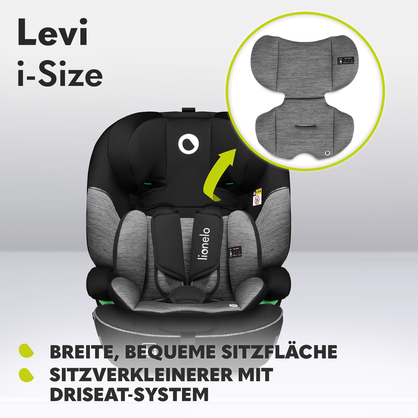 LIONELO LEVI I-SIZE 76-150 cm Kinderautositz, Gruppe 1 2 3, Seitenschutz, 10 Grad Kopfstützenverstellung Bequeme Armlehnen Verstellbare Rückenlehne, R129 i-Size