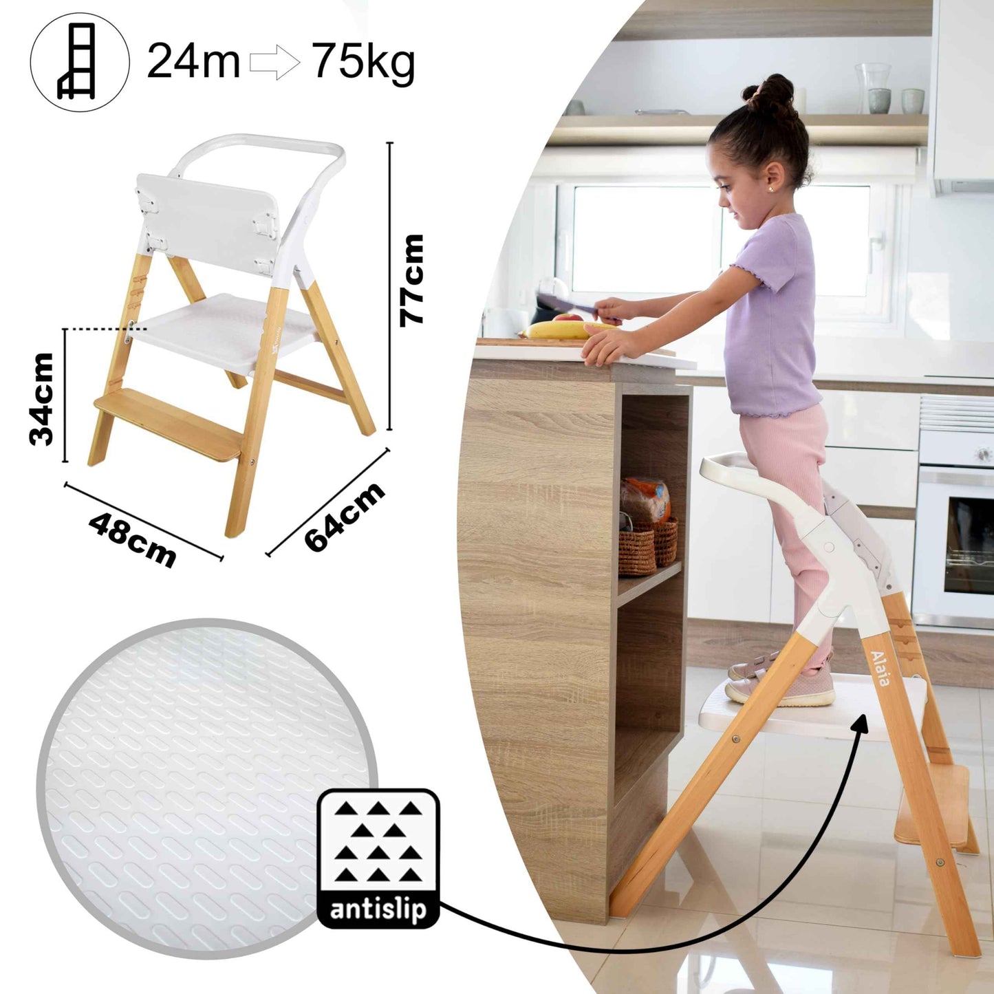 Baby Hochstuhl Set 5in1: multifunktional Alaia, Lernturm, Kinderstuhl - ab Geburt 0m+ - Faltbar und ergonomisch aus Buchenholz – Abnehmbare Tischplatte und Sicherheitsgurt