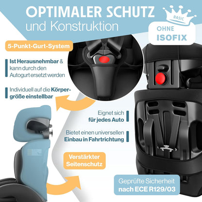 Autokindersitz mit Isofix i-Size R129 100-150cm bis 12 Jahre, Kinderautositz Gruppe 1/2/3, mitwachsender Kindersitz, 5-Punkt-Gurt & höhenverstellbare Kopfstütze, Sitzerhöhung Auto, Schwarz