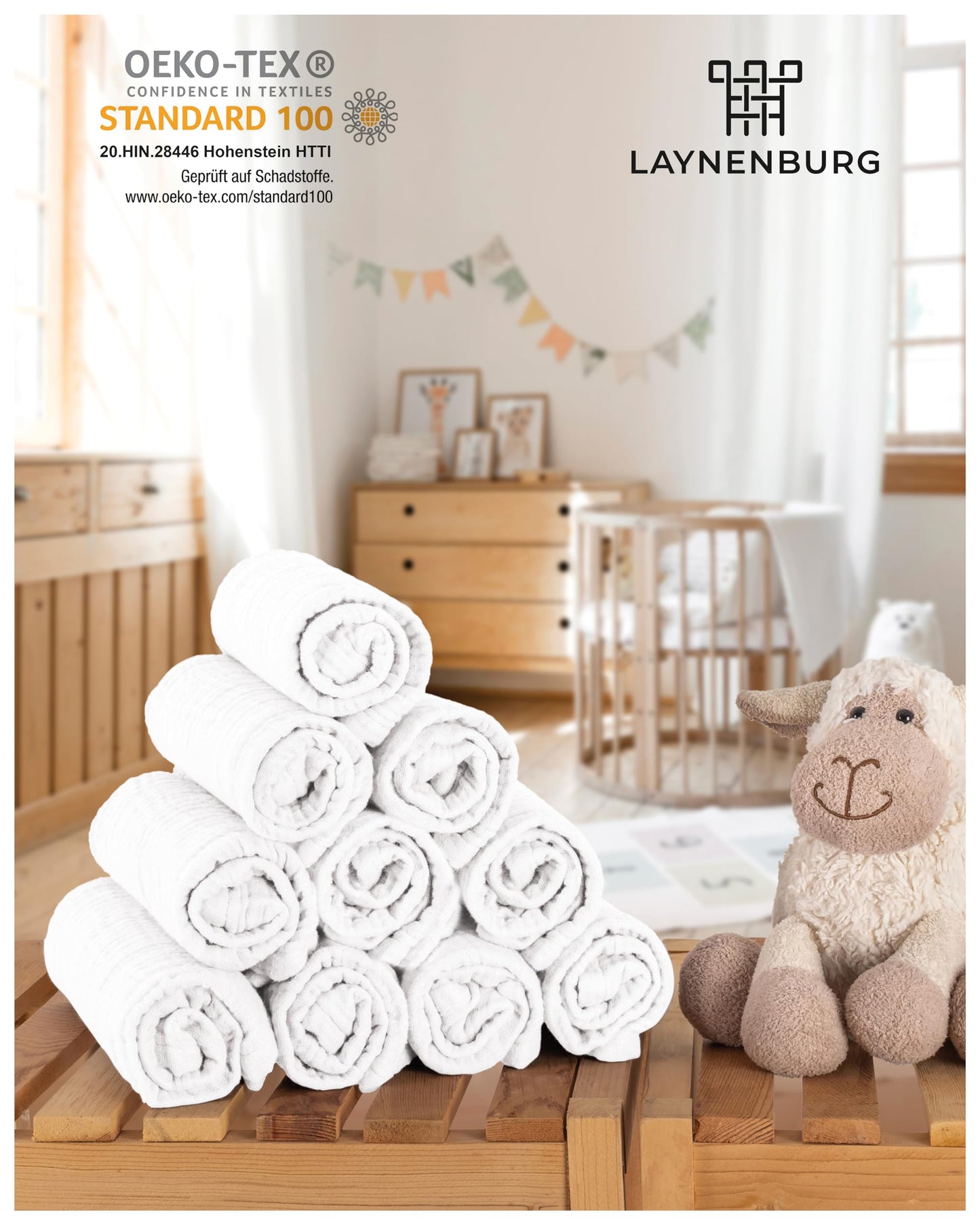 LAYNENBURG 10er-Set Premium Spucktücher Baby aus extra weichem Musselin - 100% Baumwolle - 30x50cm - Oeko Tex 100 - Musselin-tücher als Mulltücher, Mullwindeln oder Stoffwindeln (weiß)