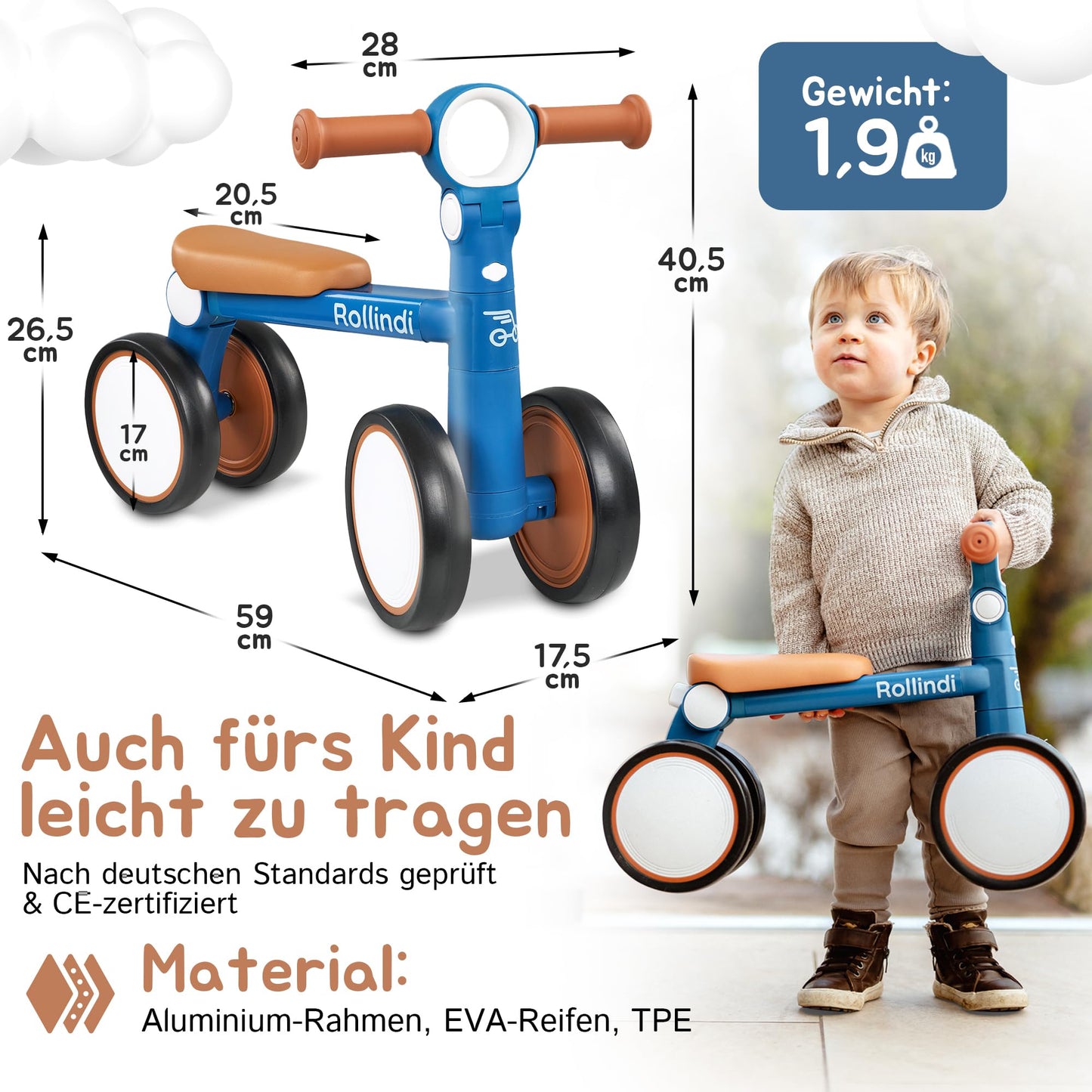 Rollindi Kinder Laufrad ab 1 Jahr [Mitwachsend] Kippsicher Leicht Lauflernrad Baby Fahrrad Rutschauto Jungen und Mädchen von 12-36 Monate | Neues Modell, Blau - Meloni2