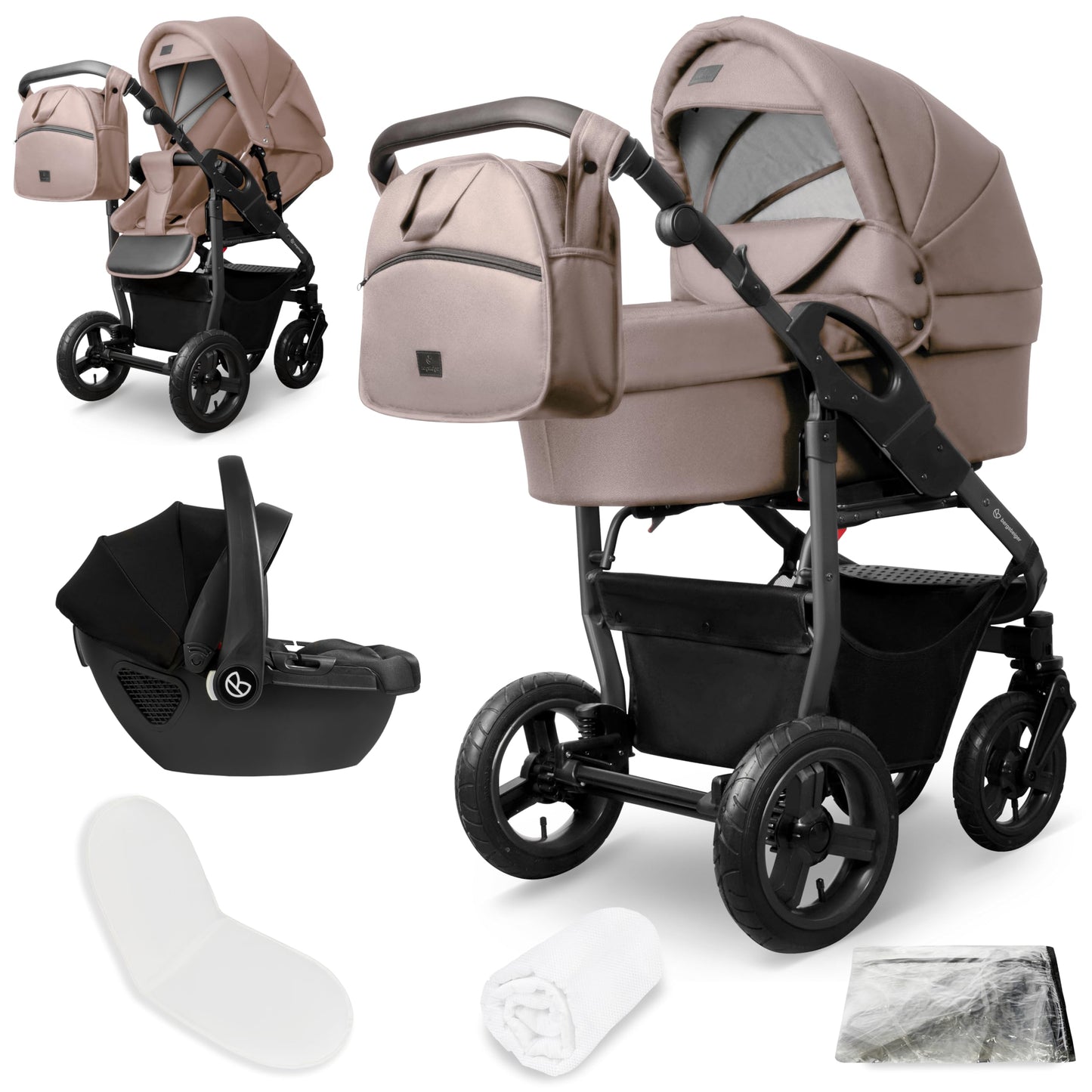 Bergsteiger Capri 3-in-1 Combination Pushchair - Baby Carrier, Sports Seat & i-Size Baby Seat, Pneumatic Tyres, Suspension, Height-Adjustable Handle, Foldable, Accessories