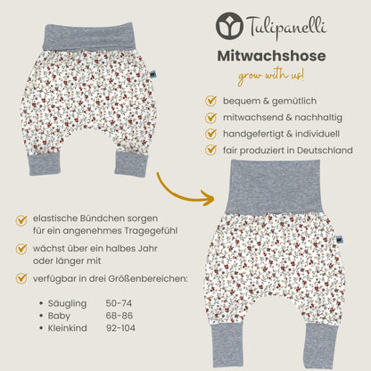 Baby Baggy Trousers, Girls' Handmade Cotton Jersey Grow Trousers, Sizes 50-74, 68-86, 92-104 (Wild Flowers, 50-74)