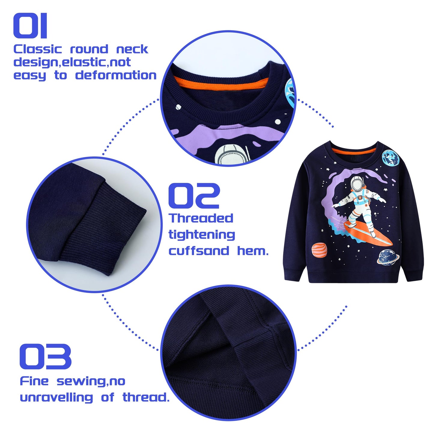 FILOWA Sweatshirt Kinder Junge Leuchtet im Dunkeln Dinosaurier Sweatshirt Astronauten Drucken Pullover Sport Marineblau Langarm Warm Baumwolle Top Jogging Sweatshirt 2-7 Jahre,Gr.92-122