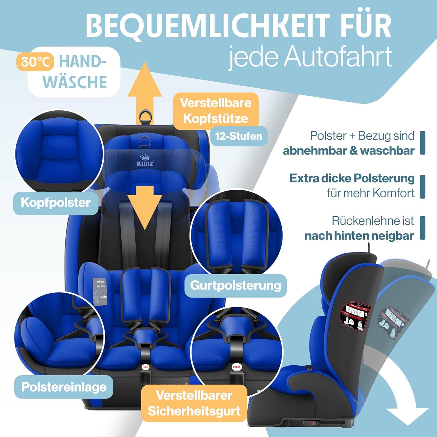 Autokindersitz mit Isofix i-Size R129 100-150cm bis 12 Jahre, Kinderautositz Gruppe 1/2/3, mitwachsender Kindersitz, 5-Punkt-Gurt & höhenverstellbare Kopfstütze, Sitzerhöhung Auto, Schwarz