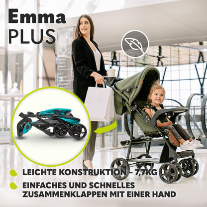LIONELO Emma Plus Kinderwagen bis zu 15 kg, Kindersportwagen, leicht modern klein Buggy mit Liegeposition, zusammenklappbar, große Räder, großer Korb, Tasche Vivid Turkus