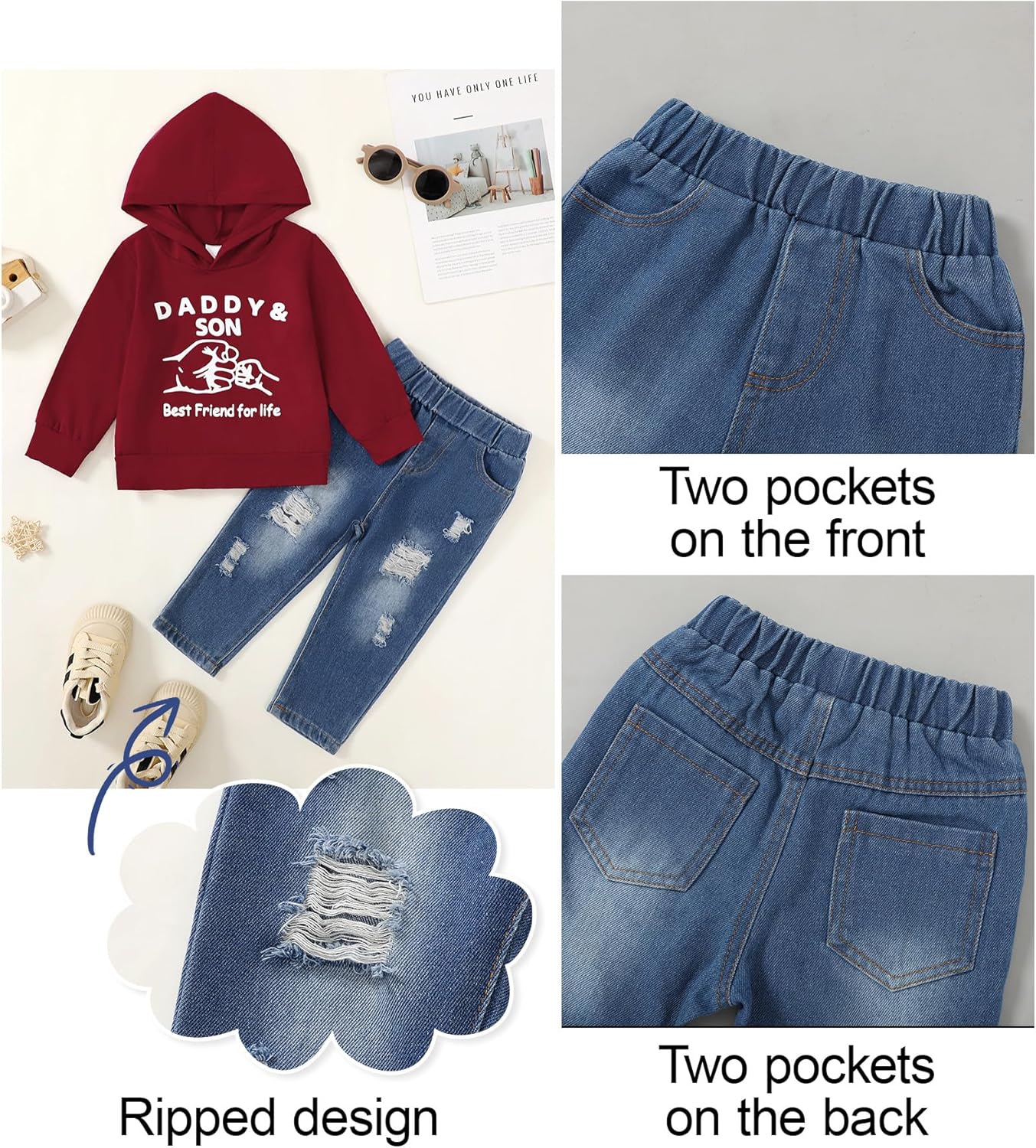 SOLOYEE Baby Boys Outfits Clothing Sets Toddler Clothing Boy 1-5 Years Letter Pattern Long Sleeves with Hood Sweatshirt and Baby Jeans Boy 2-Piece Set