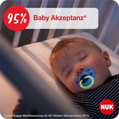 NUK Signature Baby Pacifier | 0-6 Months | Soothes 95% of Babies | BPA Free Silicone Heart-Shaped Pacifier | With Case | Green Stars | Pack of 2