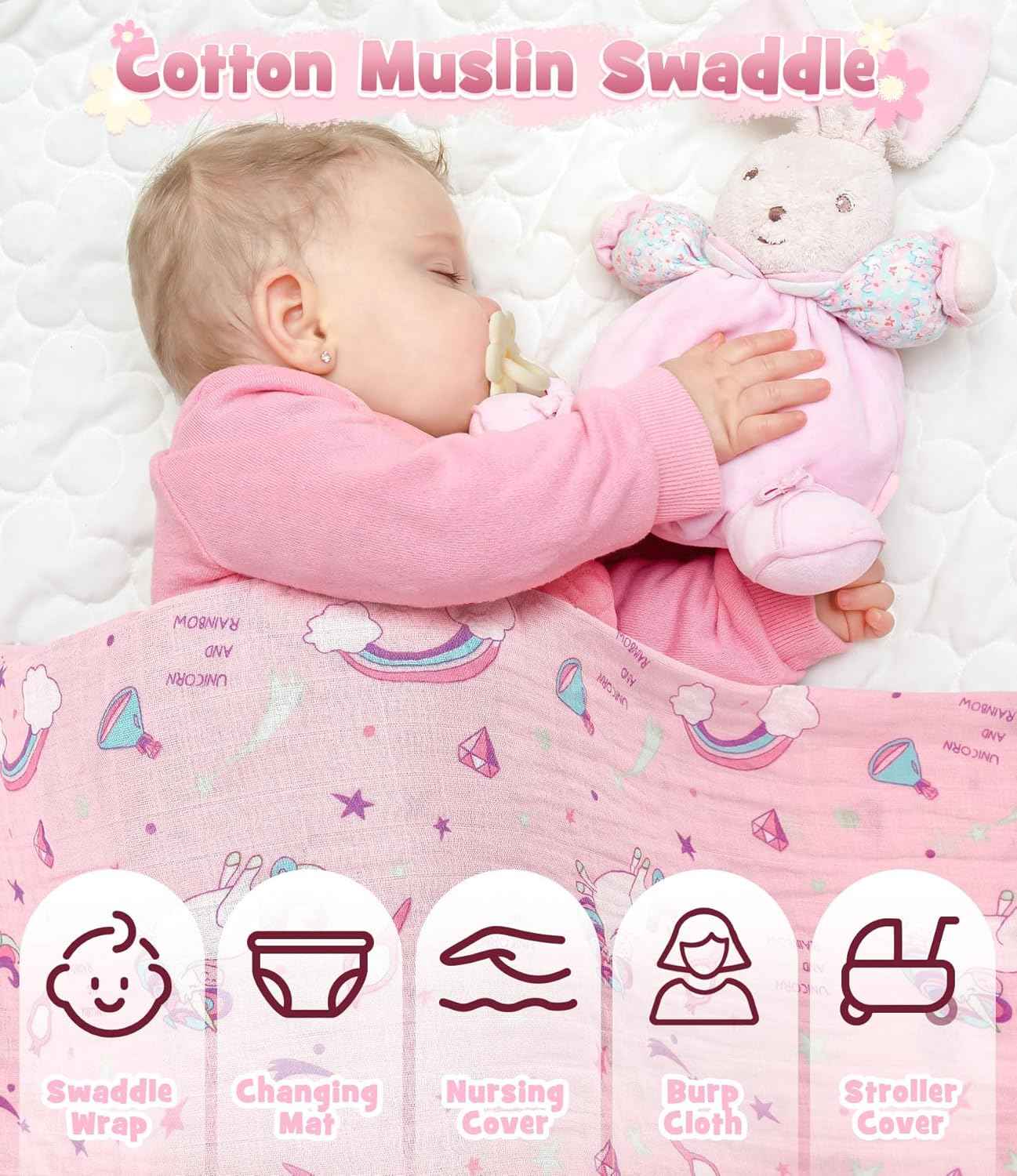 Baby Gift Boys Girls Newborn Gifts for Birth with Comforter Blanket / Baby Romper / Socks / Muslin Blanket / Rattle Nappy Cake Gift Box Baby Shower Party Gender Reveal Gift (Pink)