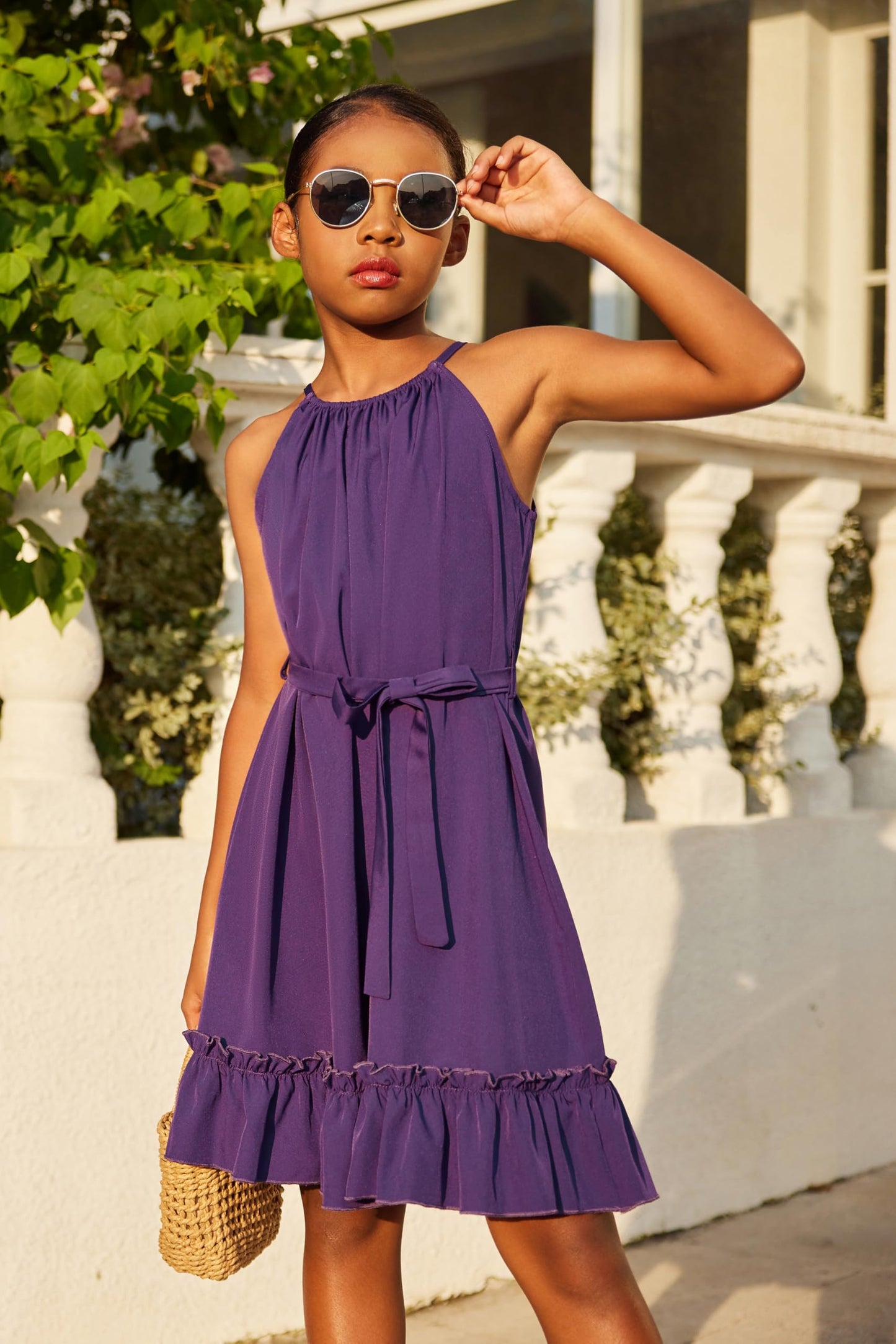 Arshiner Mädchen Kleid Neckholder Sommerkleid Rüschensaum Midikleid A-Linie Kinderkleid Swing Partykleider Abendkleid Kinder Festliche Kleider Freizeitkleid mit Gürtel 6-14 Jahre