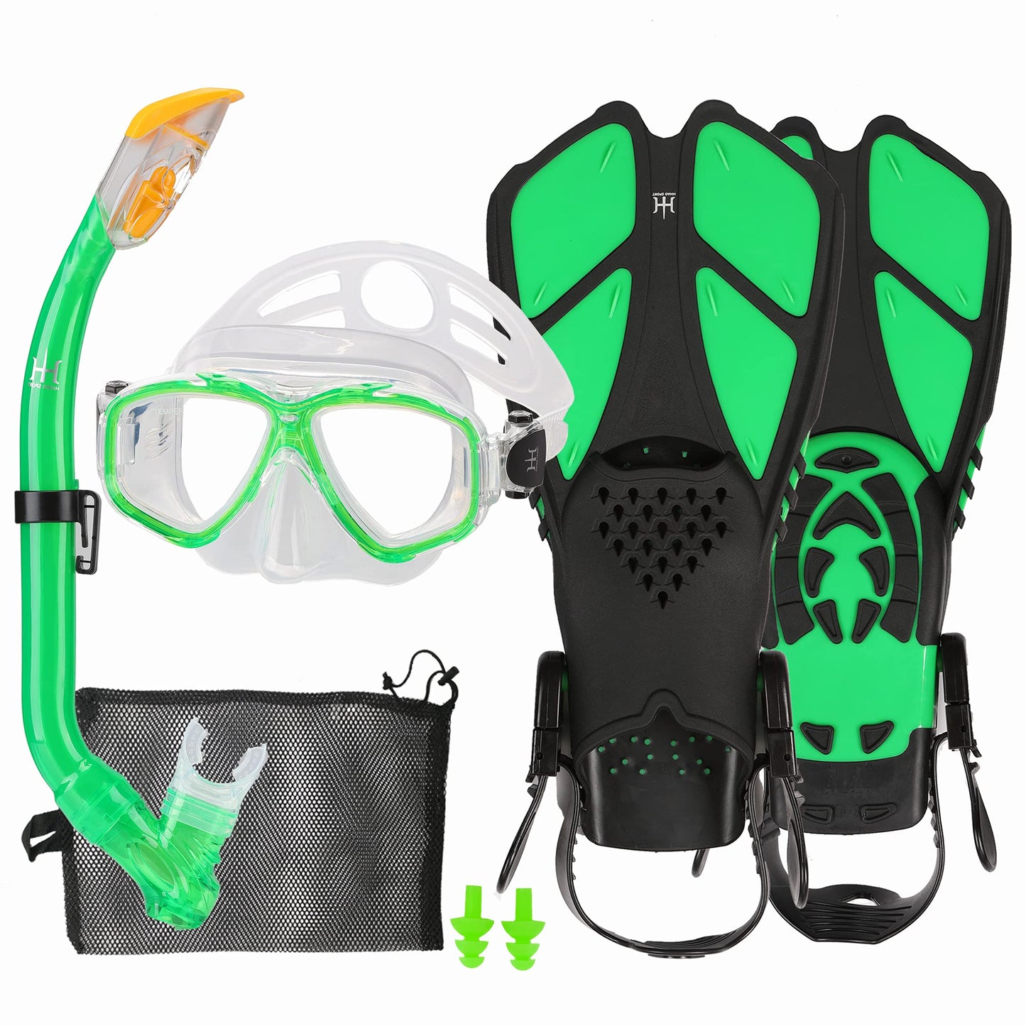 HH HHAO SPORT Children's snorkel set with fins, 180° panorama wide view diving goggles children, adjustable flippers, high-quality diving mask and dry top snorkel