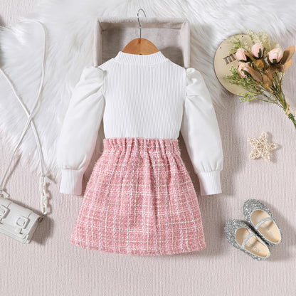 UUAISSO Kleinkind Baby Mädchen Kleidung Langarm Gerippte Oberteile Plaid Tweed Muster Rock Baskenmütze Herbst Knopf Outfits Sets