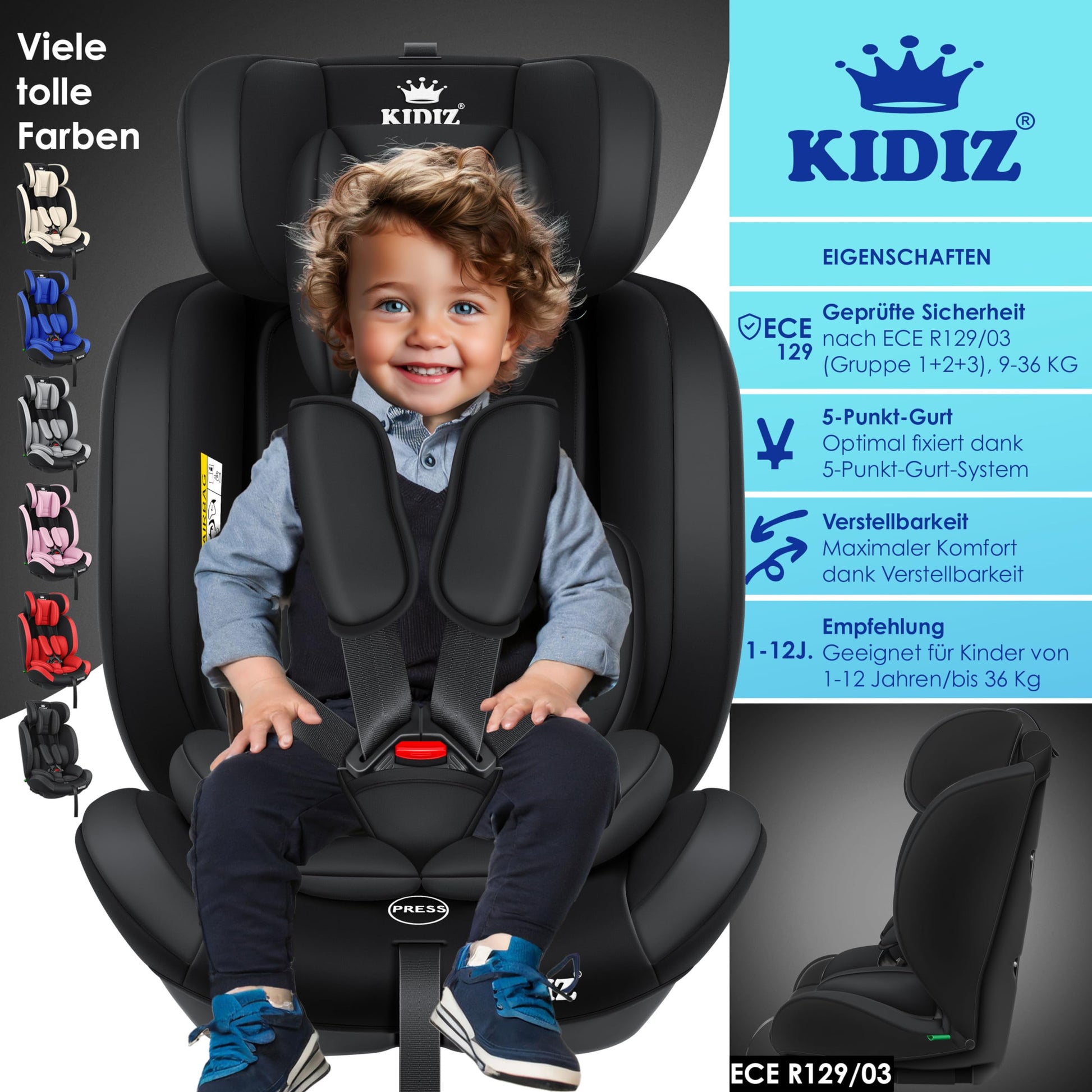 KIDIZ® Autokindersitz Kinderautositz Gruppe 1+2+3 9-36 kg 5-Punkt-Sicherheitsgurt, Autositz, Kindersitz, Einstellbare Kopfstütze, Mitwachsende Sitzerhöhung 1-12 Jahre, Stabil und Sicher - Meloni2