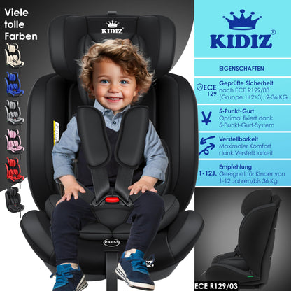 KIDIZ® Autokindersitz Kinderautositz Gruppe 1+2+3 9-36 kg 5-Punkt-Sicherheitsgurt, Autositz, Kindersitz, Einstellbare Kopfstütze, Mitwachsende Sitzerhöhung 1-12 Jahre, Stabil und Sicher - Meloni2