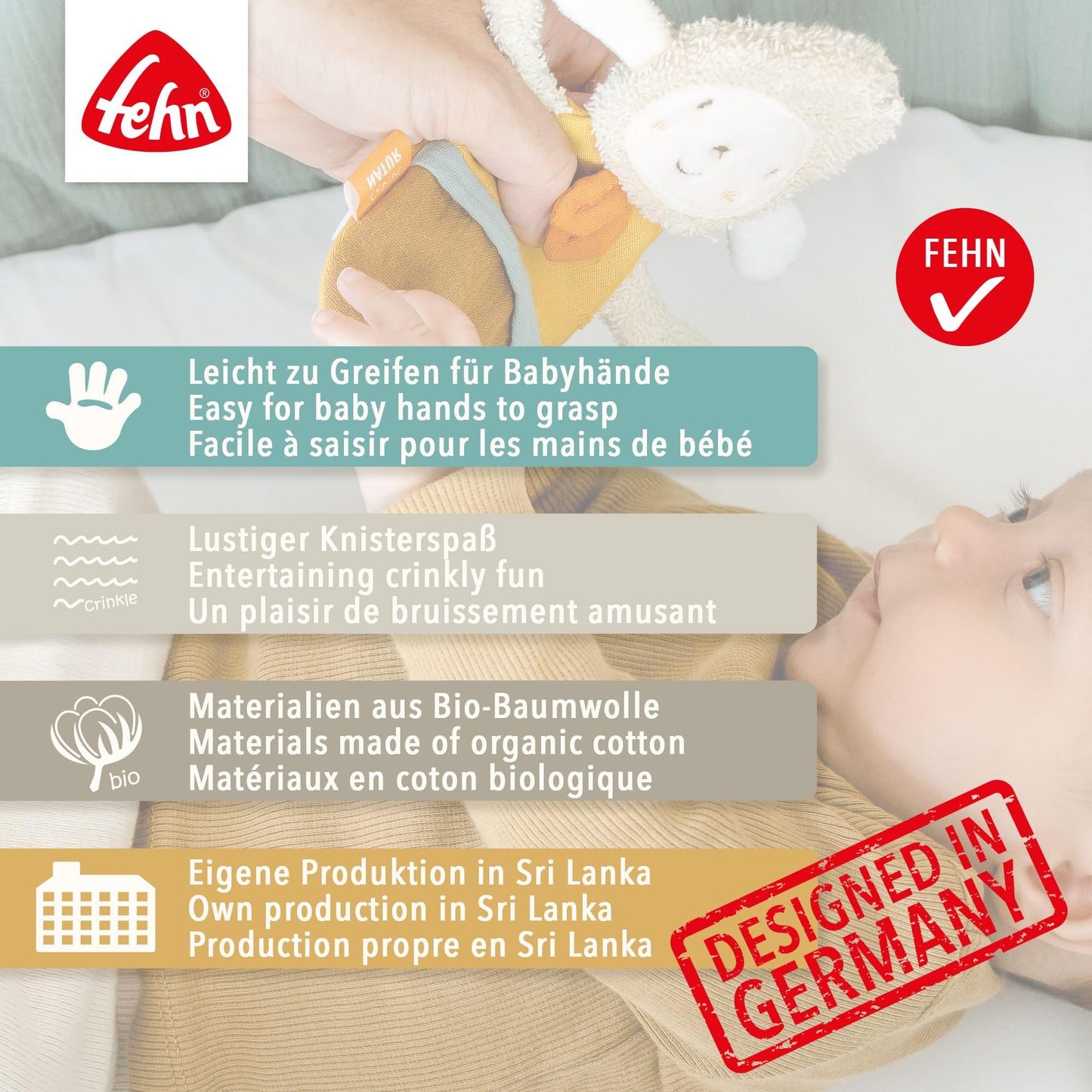 Fehn Knister Seestern – Activity Baby Raschel Spielzeug zum Greifen und Spielen - Activity-Rascheltier Babyspielzeug - Motorikspielzeug & Knisterspielzeug für Babys und Kleinkinder ab 0+ Monaten