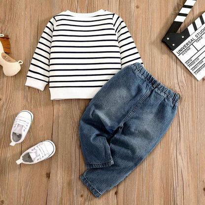 LUVCES Toddler Baby Boys Clothing Cute Animal Print Long Sleeve Sweatshirt Tops and Jeans Set Autumn Winter Baby Boy Jeans Casual 2-Piece Outfit