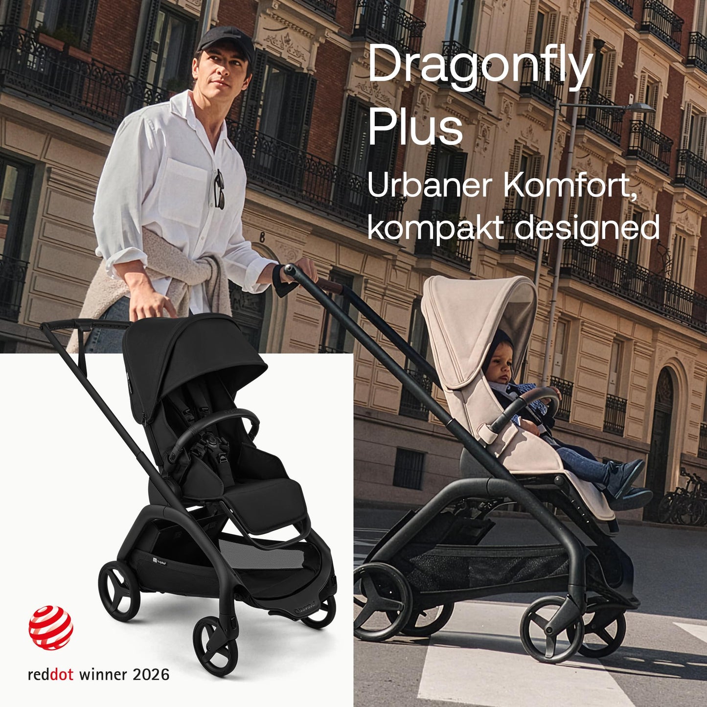 Bugaboo Dragonfly Plus Kinderwagen, kompakt und leicht optimal für die Stadt, Zusammenklappen mit einer Hand, wendbarer Sitz mit flacher Liegeposition, von Geburt bis Kleinkind, Desert Taupe