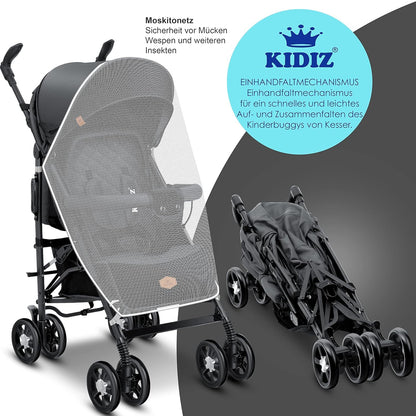 KIDIZ® City-Pro Pushchair Folding Pushchair Pushchair Sports Pushchair Foldable 360° 6 Inch Wheels Includes Mosquito Net, Footmuff and Rain Cover Foldable Sleep Function Blue 