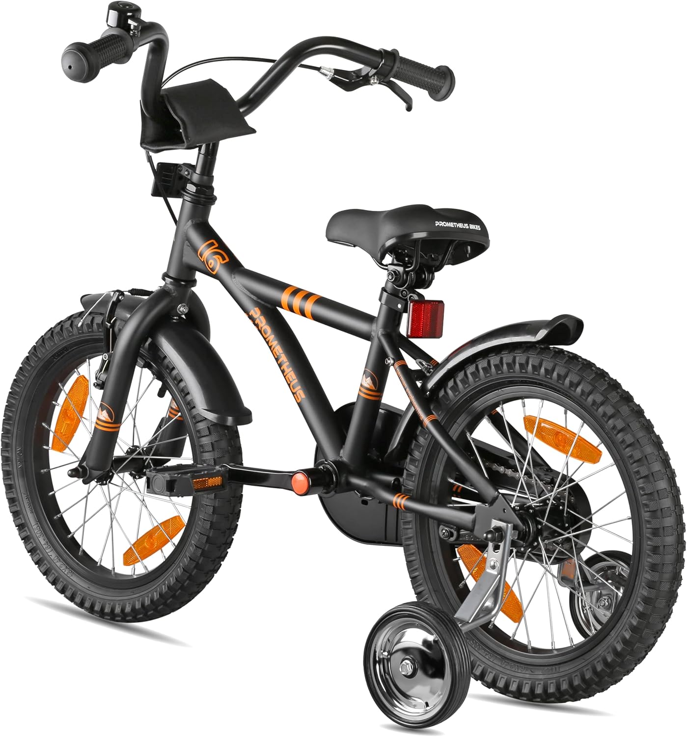 PROMETHEUS BICYCLES Kinderfahrrad 16 Zoll ab 5 Jahren - Kinder Fahrrad Mädchen Jungen Fahrrad Kinder mit Stützräder Rücktrittbremse in Schwarz Matt Orange - Meloni2