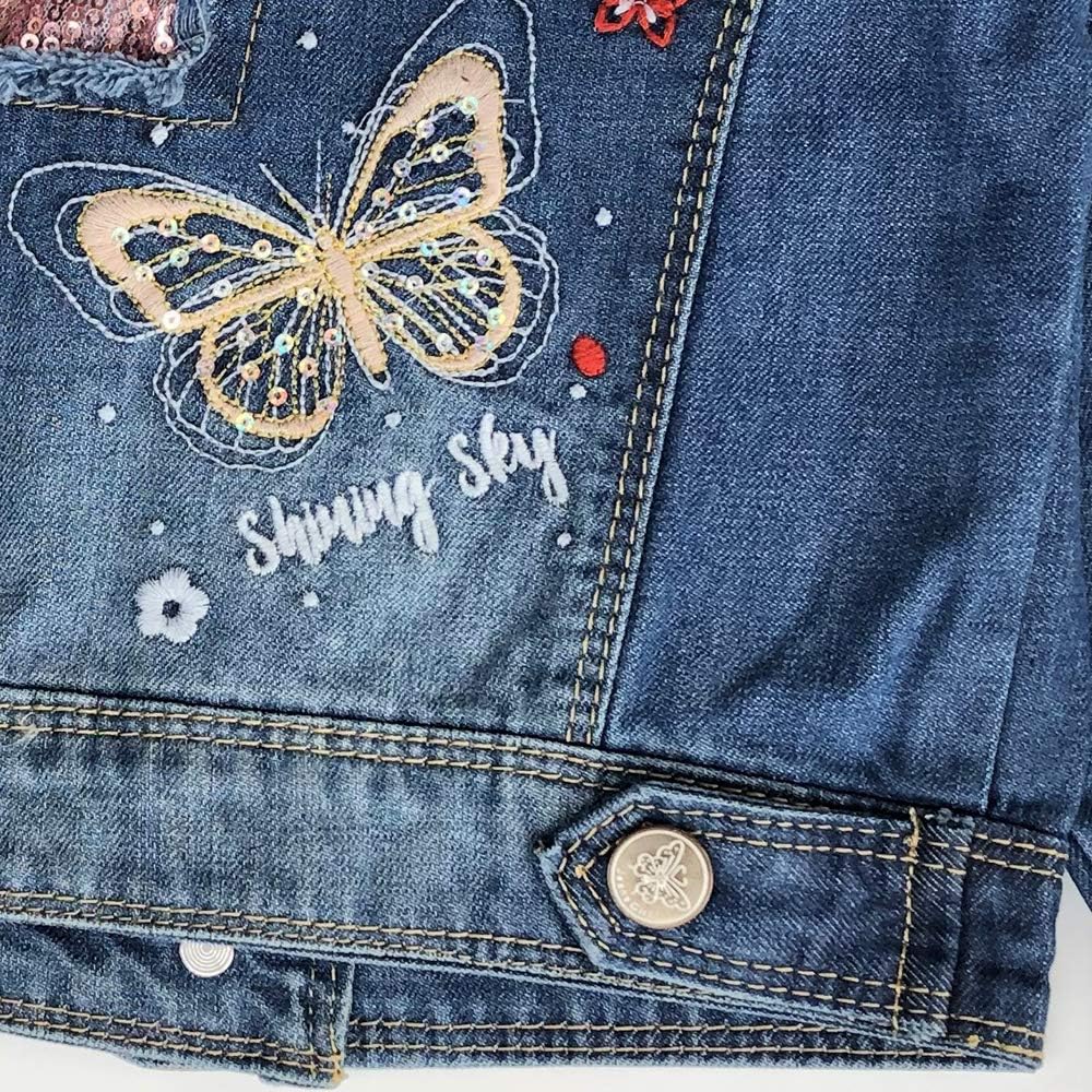 Peacolate 2-11 Jahre kleine Mädchen Stickerei Pailletten Schmetterling Mäntel Jeansjacke