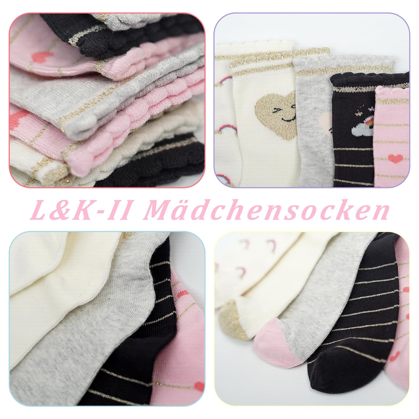 L&K-II 10/12 Paar Kinder Mädchen Socken mit niedlichen Herzmustern Kids Füßlinge Sneakersocken bunt 2825