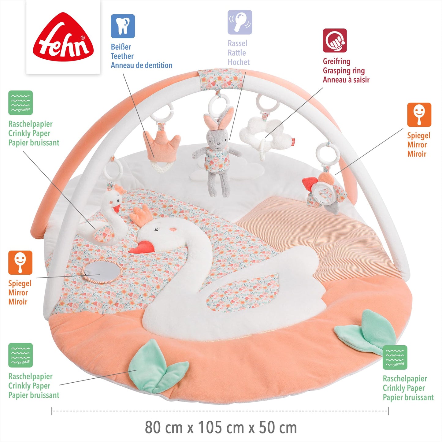 Fehn 3-D-Activity-Decke Spielbogen Peru – Baby Krabbeldecke mit 5 abnehmbaren Spielzeugen zum Greifen – Spieldecke für Babys und Kinder ab 0+ Monaten – Krabbelmatte als Geschenk zur Geburt