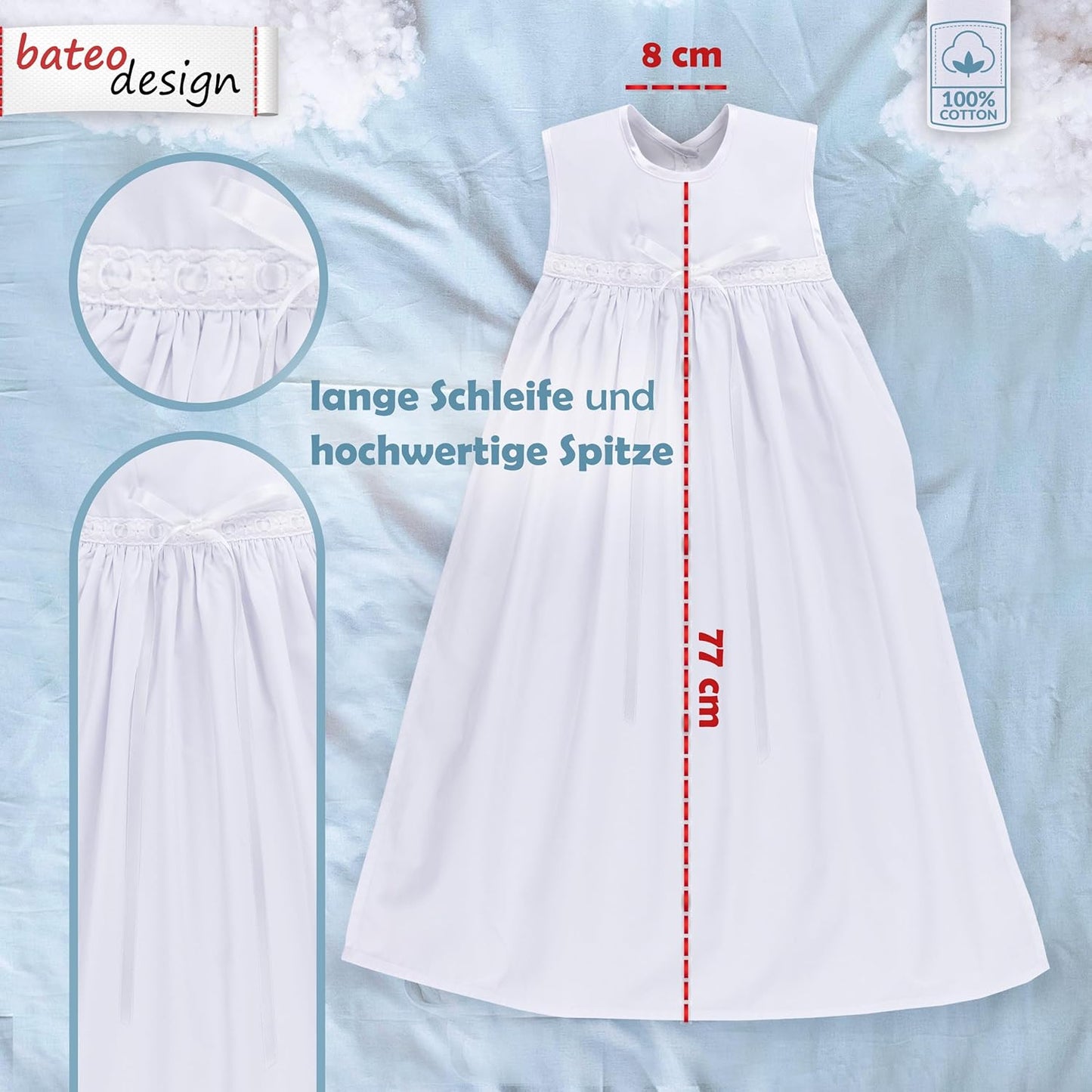 Weiße Baumwolle Taufe Topper mit Kordelzug Spitze und Satin Band - Perfekt für Jungen und Mädchen Unisex Tauf Cape, Schleife weiß