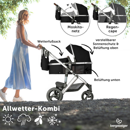 Bergsteiger Nizza 3 in 1 Kinderwagen, Kombikinderwagen Komplettset, Auto-Babyschale & Isofix Station, Babywanne & Buggy Sportsitz inklusive
