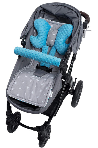 Sitzauflage Kinderwagen Buggy Baby Sommer Kindersitz Einlage Universal - 5tgl Gurtpolster + Spielbogen Kinderwagenset Babyschale (Safari mit beige Minky)