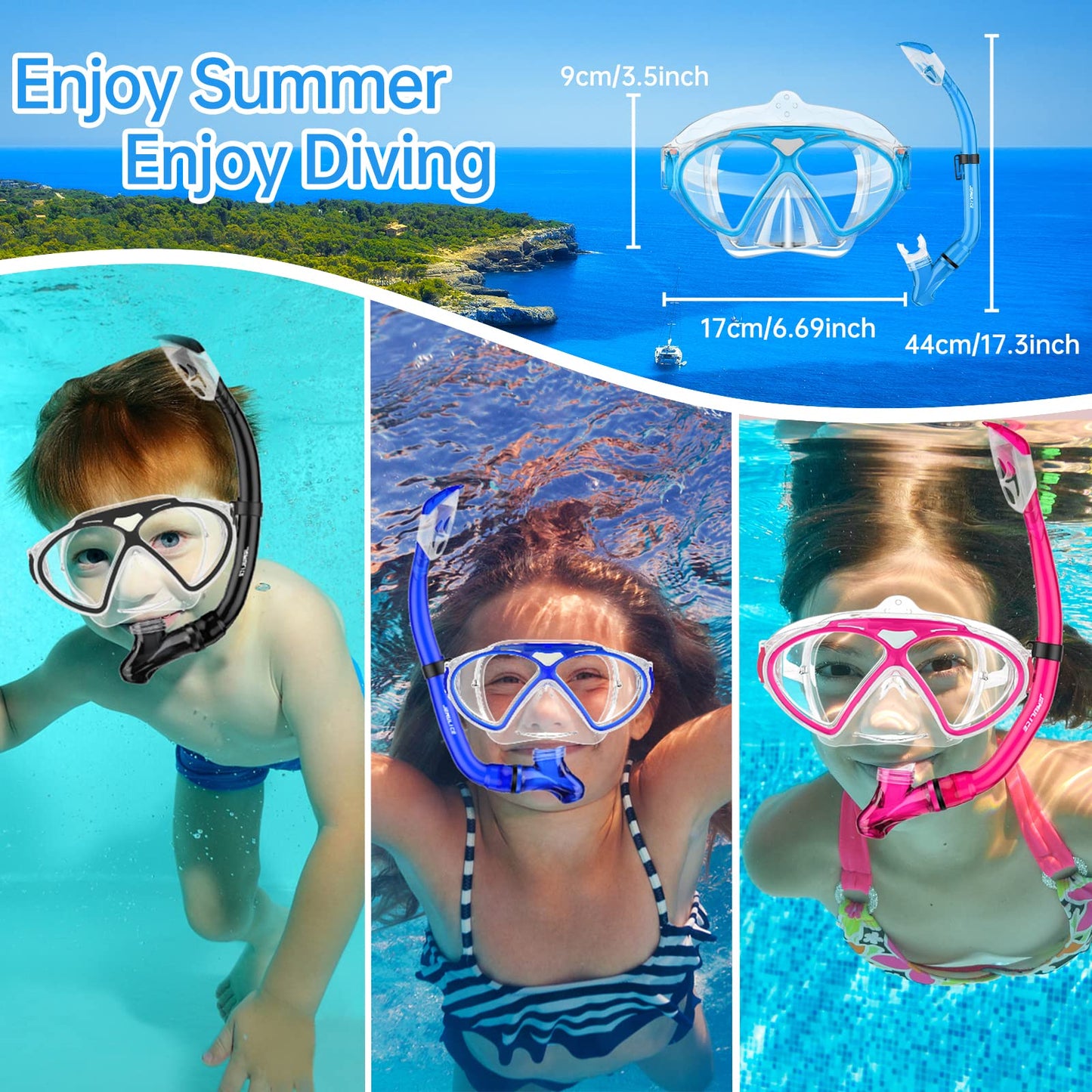 JEMULICE Taucherbrille Kinder, Schwimmbrille Kinder Schnorchelmaske für Jungen Mädchen, Tauchmaske mit Nasenabdeckung 180°Panorama HD Anti Nebel Anti-Leck Schwimmmaske für Kinder 4-16 Jahre