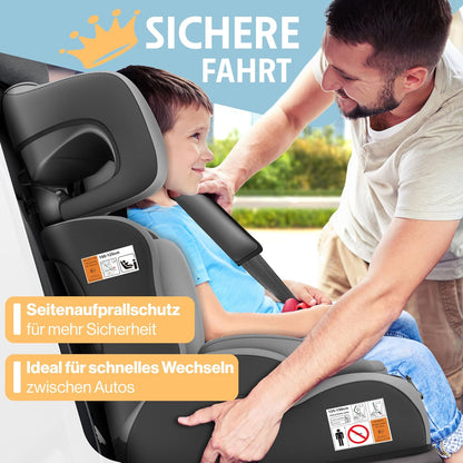 Autokindersitz mit Isofix i-Size R129 100-150cm bis 12 Jahre, Kinderautositz Gruppe 1/2/3, mitwachsender Kindersitz, 5-Punkt-Gurt & höhenverstellbare Kopfstütze, Sitzerhöhung Auto, Schwarz
