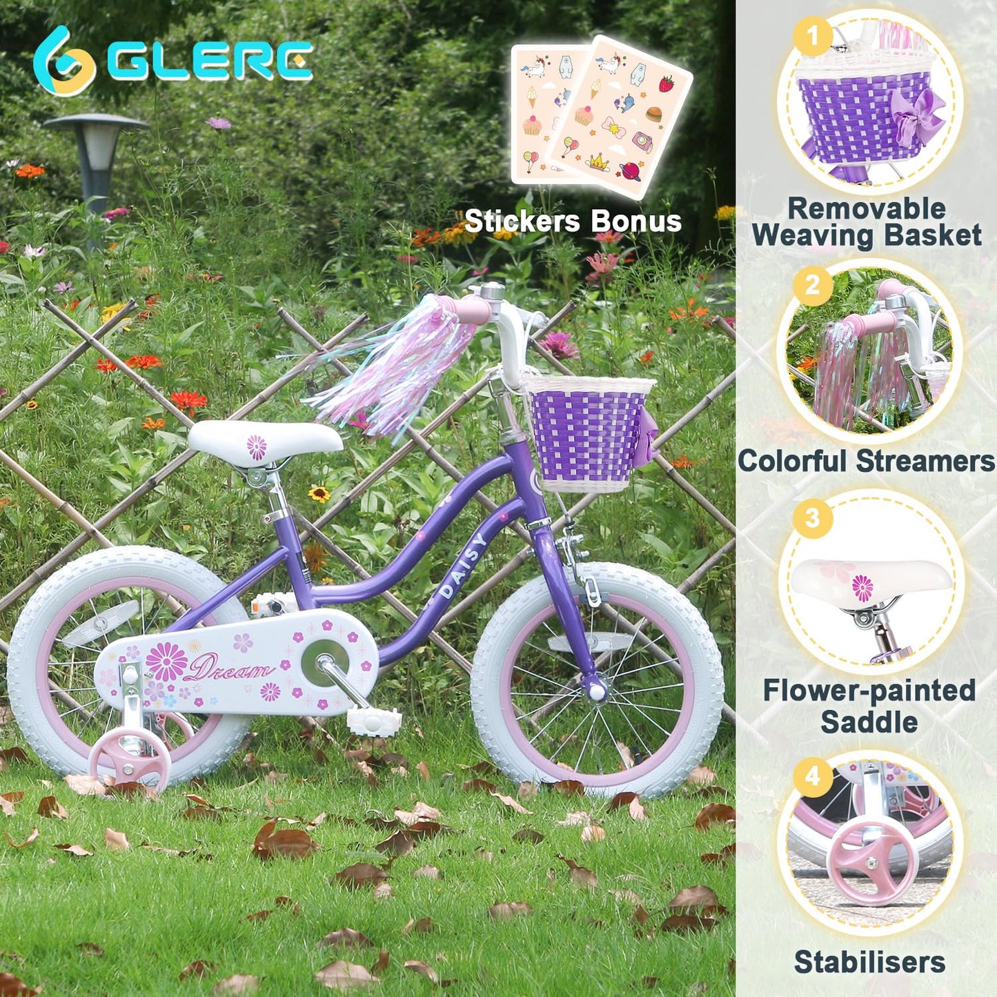 Glerc Kinderfahrrad 12/14/16 Zoll für 2-7 Jahre Mädchen Fahrrad mit Korb, Luftschlangen, Stützräder und Glocke - Meloni2