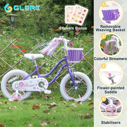 Glerc Kinderfahrrad 12/14/16 Zoll für 2-7 Jahre Mädchen Fahrrad mit Korb, Luftschlangen, Stützräder und Glocke - Meloni2