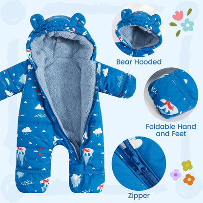 JiAmy Baby Winter Snowsuit, Toddler Bear Hood Fold-Over Mittens Booties Jumpsuit Toddler Warm Fleece Romper Girls Boys Warm Jumpsuit 3-24 Months