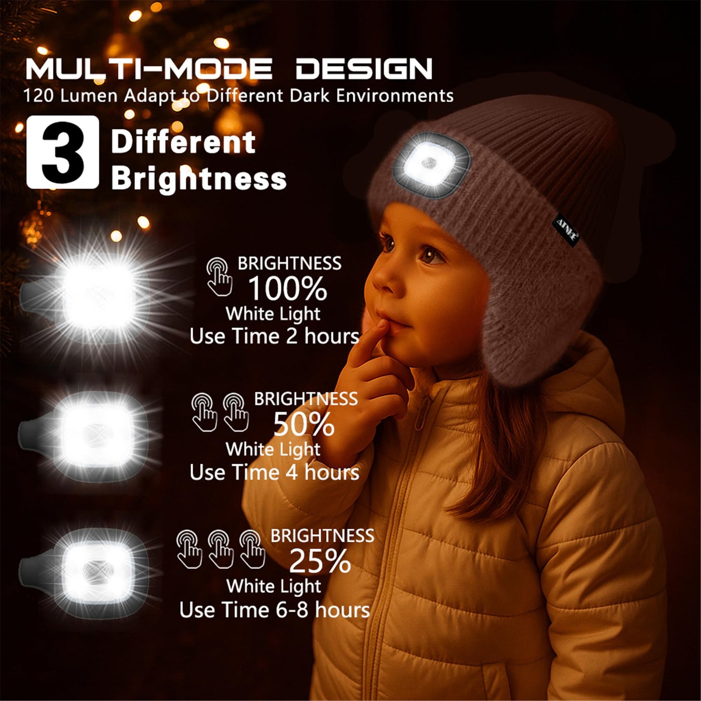 ATNKE Kinder LED Beleuchtete Ohrenklappen Mütze mit Licht,USB Wiederaufladbare 4 LED Laufmütze Stirnlampe Winter Warm Fleece Gefüttert Strick Mütze Geschenke für Jungen und Mädchen