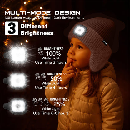 ATNKE Kinder LED Beleuchtete Ohrenklappen Mütze mit Licht,USB Wiederaufladbare 4 LED Laufmütze Stirnlampe Winter Warm Fleece Gefüttert Strick Mütze Geschenke für Jungen und Mädchen