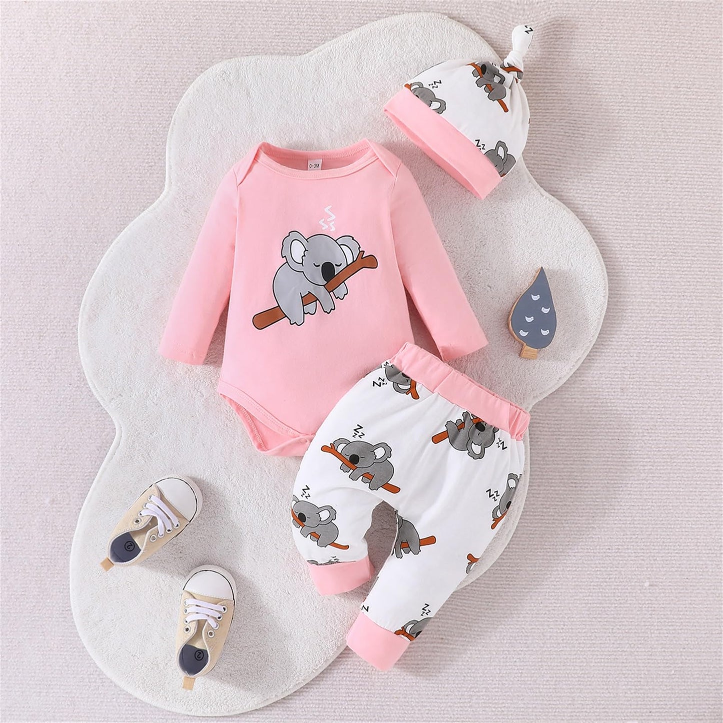 Himllauen Baby Jungen Mädchen 3-teiliges Set Koala Print Body + Hose + Hut Baby Set Kleinkind Kleidung Niedliche Outfit