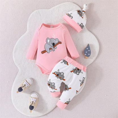 Himllauen Baby Jungen Mädchen 3-teiliges Set Koala Print Body + Hose + Hut Baby Set Kleinkind Kleidung Niedliche Outfit