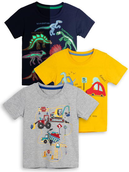 YOUNGSOUL Jungen T-Shirt Dinosaurier Kinder Kurzarm Tee Shirt Sommer Tops 3er-Pack