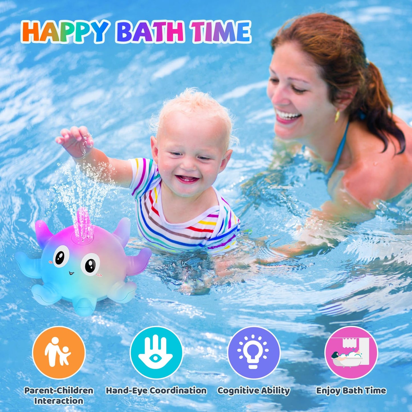 Jovicos Bath Toy, Octopus Spray Water Toy with Light, Bath Toy Baby from 1 Year, Bath Time Toy Children Gift (Blue)