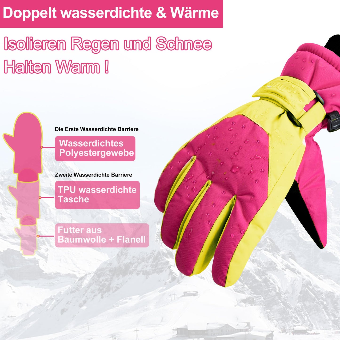 ThxToms Children's Ski Gloves, Winter Snow Ski Gloves, -15°C, Windproof, Waterproof, Warm, PU Thickened Cold Weather, Outdoor Sports, Snowboarding, Skiing, Bike, for Boys and Girls aged 3-13 Years Old